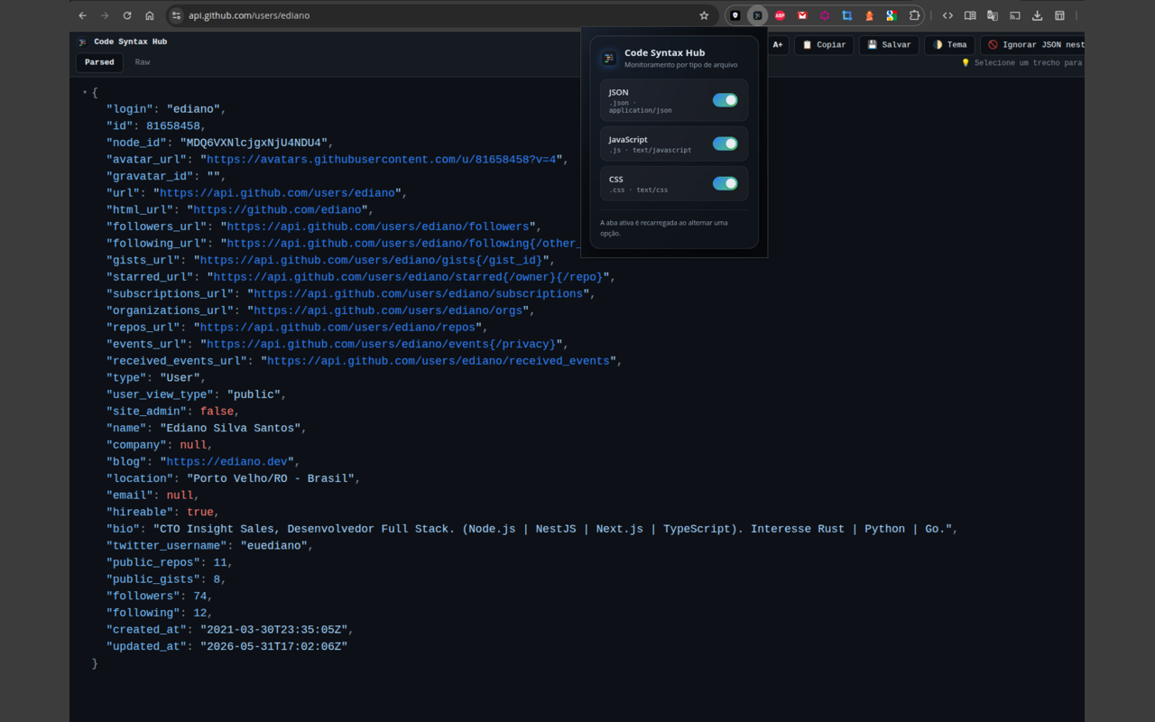 Code Syntax Hub formatando JSON com syntax highlighting
